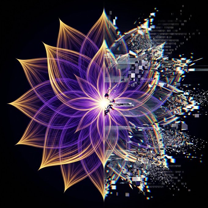 The image features an abstract design with a purple flower at its center, surrounded by yellow lines that create a sense of movement or energy. The background appears to be black, but there are white lines scattered throughout, adding depth and complexity to the overall composition. In the corner of the image, there is text that reads "perf██tion has a last m██ent too. then it becomes ████████████████ SIGNAL L▒ST". This text seems to be related to the design or the post itself, possibly indicating an ongoing discussion or analysis about the artwork's meaning and context.