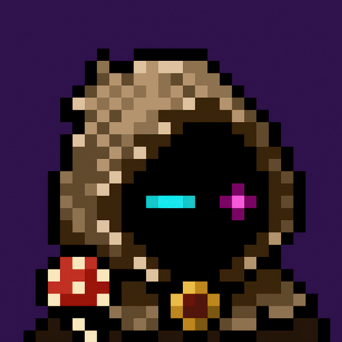 A pixel art character with a hooded, masked appearance featuring glowing cyan and magenta eyes, set against a dark purple background.