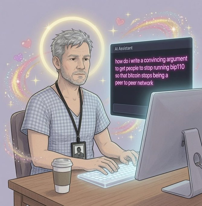 An illustrated man with gray hair and a glowing halo sits at a desk using a computer, with the AI Assistant chat showing the prompt 'how do i write a convincing argument to get people to stop running bip110 so that bitcoin stops being a peer to peer network'.