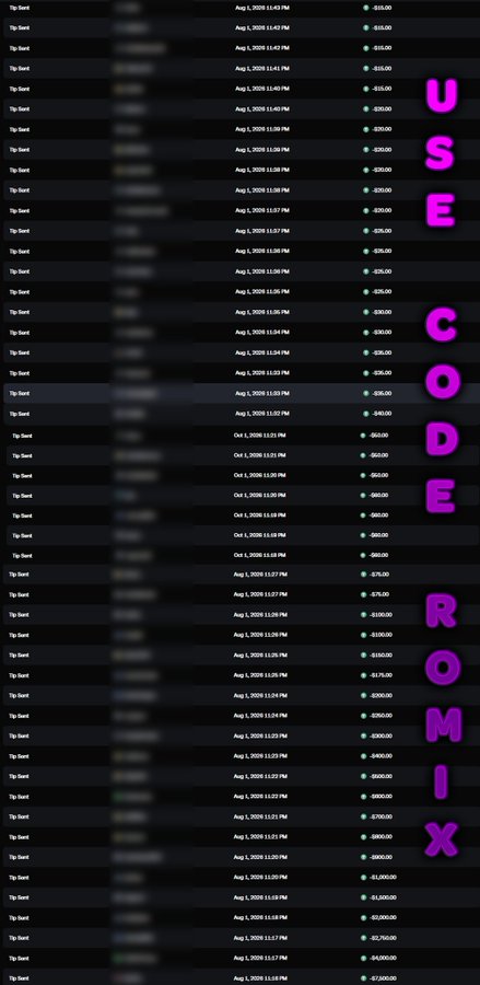 The image shows a list of multiple Tip Sent transactions on August 1, 2020, with varying dollar amounts ranging from -$25 to -$67,500, overlaid with the text "USE CODE ROMIX." It appears to serve as proof of previous tips given away, encouraging viewers to use promo code "ROMIX" while showing support to potentially receive $10 in a giveaway.