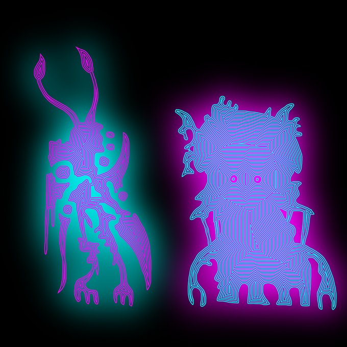 A neon-style digital artwork featuring two abstract, alien-like figures made of glowing circuit board lines, one in teal and magenta on the left and another in blue and magenta on the right.