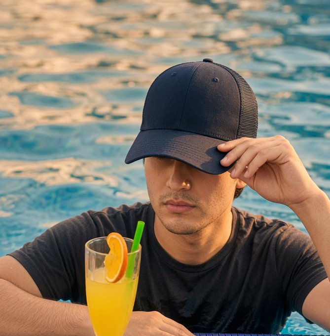 A young man wearing a black trucker cap relaxes poolside, sipping an orange cocktail garnished with a fresh orange slice and green straw, embodying the perfect mid-day break from the constant hustle of crypto trading. The sun-drenched water behind him visually reinforces the post's reminder to pause and recharge, even when markets never sleep.