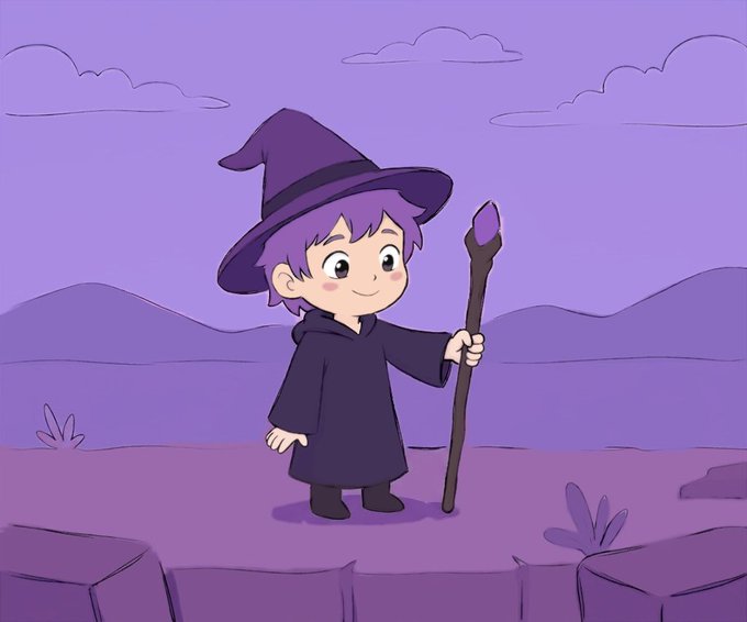 A chibi-style illustration shows a young purple-haired wizard in a black robe and pointed hat, holding a wooden staff topped with a purple crystal against a dreamy purple landscape.