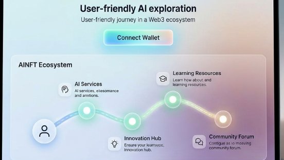 A website interface titled 'User-friendly AI exploration' featuring a 'Connect Wallet' button and an 'AINFT Ecosystem' diagram with sections for AI Services, Innovation Hub, Learning Resources, and Community Forum.