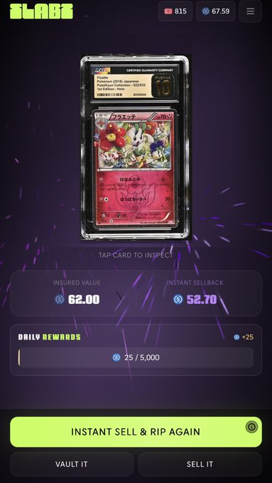 A Slabz app screen displays a graded Pokémon card (Japanese "1st Ed" Blastoise) with an insured value of 62.00 and instant sellback of 52.70, supporting the post's claim of turning $25 into $62. The interface also shows daily rewards progress at 25/5,000 and offers options to instant sell, vault, or rip the card again.