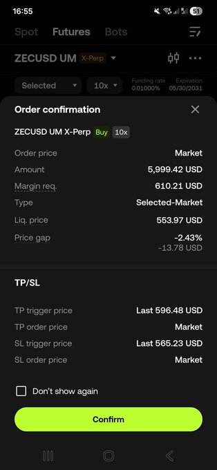 The image shows a phone screen displaying information about trading on the cryptocurrency exchange "ZECUSD" using the X-Perp coin (X-Perps). The phone screen includes various data such as market positions, prices, and trading strategies. It also provides instructions for entering an order with leverage limits of 10x, depending on whether the trader wants to go long or short. There is a yellow button on the screen that says "Confirm", which indicates that this is a confirm action in the trading process. The overall impression is that ZECUSD has experienced significant gains in the past month and provides options for traders who want to trade X-Perps with up to 10x leverage going long or short based on market analysis and their investment strategies.