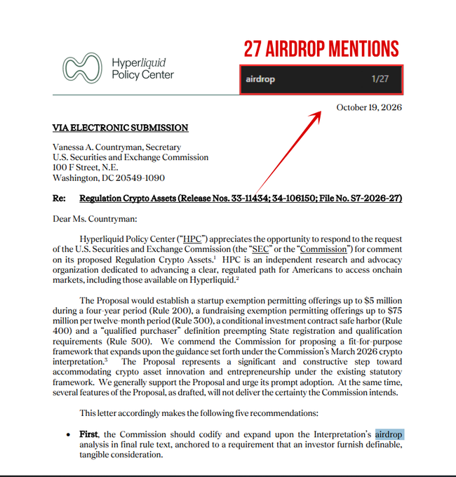 A document from the Hyperliquid Policy Center dated October 19, 2026, addressed to the U.S. Securities and Exchange Commission regarding Regulation Crypto Assets, with an annotation pointing to '27 AIRDROP MENTIONS' highlighting the word 'airdrop' in the text.