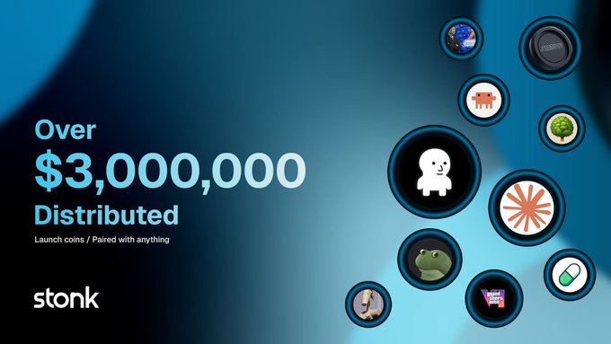 A promotional graphic for Stonk features the headline "Over $3,000,000 Distributed" alongside "Launch coins / Paired with anything," with a cluster of meme coin icons floating against a dark blue background to visually represent the platform's extensive reward distribution across numerous tokens.