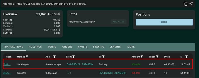 A crypto wallet dashboard showing address 0x0f991873aab3e14191978946d48f30f624ae9867 with a highlighted transaction (outlined in red) indicating an "Undelegate" action of 300.66K HYPE tokens (~$21.02M) into the staking queue 8 minutes ago, while the wallet holds a total of 21,041,495.91$ in staked assets.