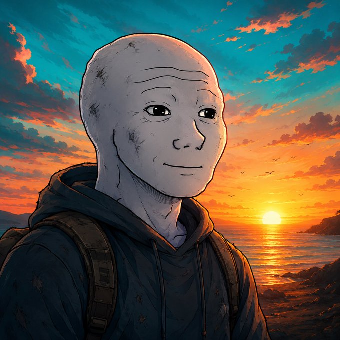 An anime/illustrated portrait of a bald humanoid character wearing a dark hoodie, set against a vibrant sunset over the ocean.