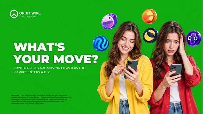 Promotional banner for Orbit Wire featuring a woman in two contrasting emotions (happy and confused) holding a phone, with floating cryptocurrency icons and text 'WHAT'S YOUR MOVE? CRYPTO PRICES ARE MOVING LOWER AS THE MARKET ENTERS A DIP.'