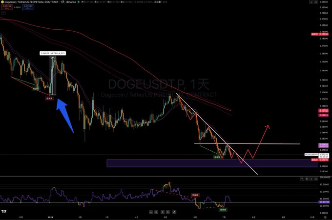 A daily candlestick chart of the DOGE/USDT perpetual contract on Binance shows Dogecoin Tether's price action, with annotations marking divergence patterns and a recent rebound from the $0.69 low to the current $0.72 level, visually supporting the post's analysis of bullish accumulation signals and potential for further upside if a three-stage price low divergence completes.