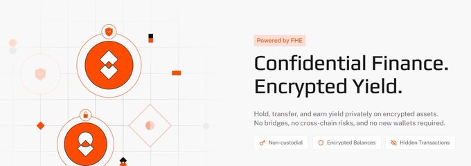 A promotional banner for FHE-powered 'Confidential Finance. Encrypted Yield,' featuring Binance logos with bullet points highlighting Non-custodial, Encrypted Balances, and Hidden Transactions.
