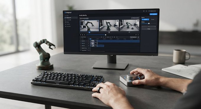 A person working at a desk using a small programmable dial device alongside a keyboard, with a computer monitor displaying 'Polaris I' robot arm video editing software.