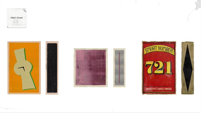 An art display titled 'Match Books' showing various matchbook-style artworks including an orange one with a figure, a purple one, and a red one marked 'START NUMBER 721 MANUFACTURED UNIQUE.'