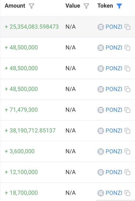 A digital ledger or table displays a list of positive transaction amounts with green text, all linked to a token labeled 'PONZI'.
