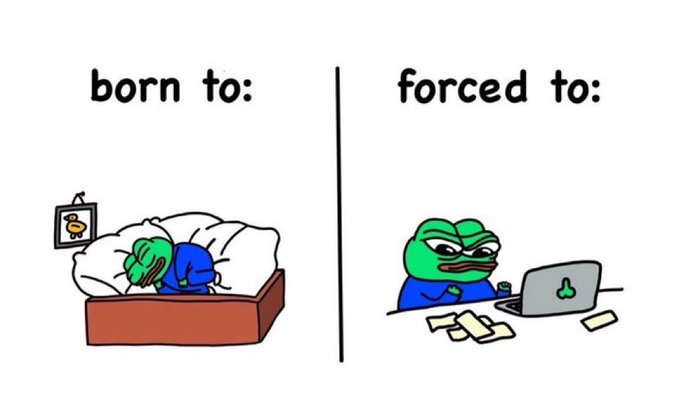 A 'born to: / forced to:' meme featuring Pepe the Frog depicts him sleeping in a bed on the left and working on a laptop with scattered papers on the right.