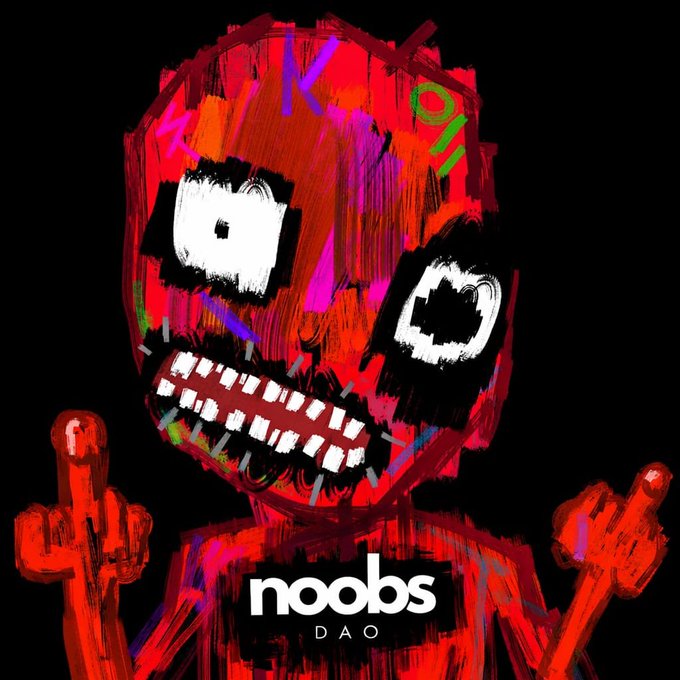 A colorful, stylized red skull illustration with cartoonish eyes, bared teeth, and both middle fingers raised against a black background, featuring the 'noobs DAO' logo.