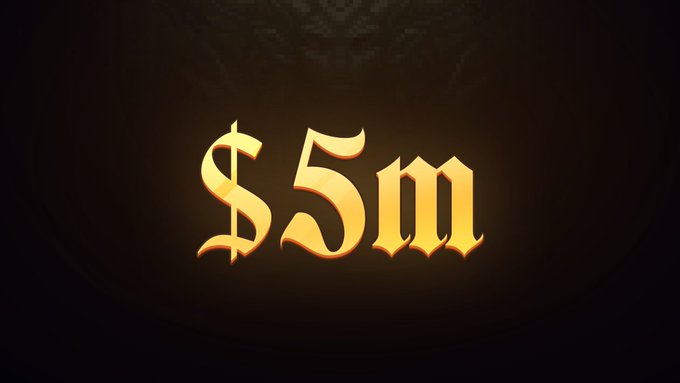 The image features "$5m" displayed in glowing gold Gothic-style lettering against a dark background, visually celebrating the milestone mentioned in the post about crossing $5 million in Keys Risked across 242,132 Dungeon Runs, 133,500 Fishing Casts, and 87,900 Gems Appraised.
