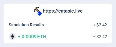 A screenshot from cata sic.live showing Simulation Results of + 0.0009 ETH, approximately $2.42.