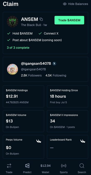 A mobile app screen shows a 'Claim' page for $ANSEM (The Black Bull), displaying user @igangsan54078 with $12.91 in holdings, 18 hours holding time, and '3 of 3 complete' tasks.