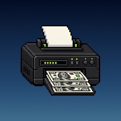 A pixel art illustration of a black printer with paper feeding through it and a stack of $100 bills coming out the front tray.