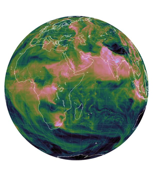 A globe displays atmospheric patterns over Africa, Europe, and Asia in shades of green and pink, with country outlines overlaid on weather data. The image relates to the post by visualizing global meteorological conditions, the context in which the weather prediction trader generated profits on Polymarket.