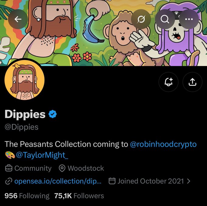 A Twitter profile page for "Dippies" (@Dippies), a verified account with 75.1K followers based in Woodstock, featuring colorful cartoon art of bearded characters in their header and announcing "The Peasants Collection coming to @robinhoodcrypto" in their bio. The profile directly relates to the post's mention of securing @Dippies for Lakzone, with the raffle being live on DC as referenced.