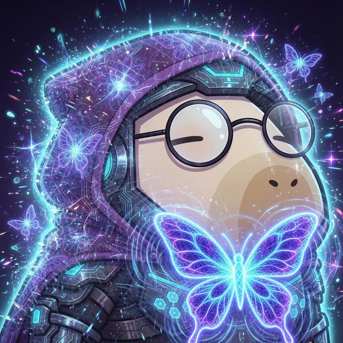 A cartoon sloth character wearing round glasses and a glowing purple hooded outfit is surrounded by luminous blue butterflies and cosmic sparkles, evoking a magical, mystical vibe that complements the ethereal "Quantum Echoes NFT mint" hype around @quipnetwork.