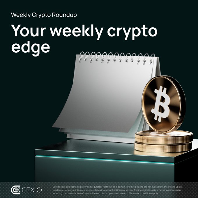 A CEX.IO "Weekly Crypto Roundup" promotional graphic featuring a notepad and a stack of gold Bitcoin tokens, with the headline "Your weekly crypto edge." The imagery of a calendar-style notepad and a prominent Bitcoin token visually ties to the post's reference to "Week 32 in crypto," reinforcing the weekly market recap theme tied to shifting jobs market sentiment.