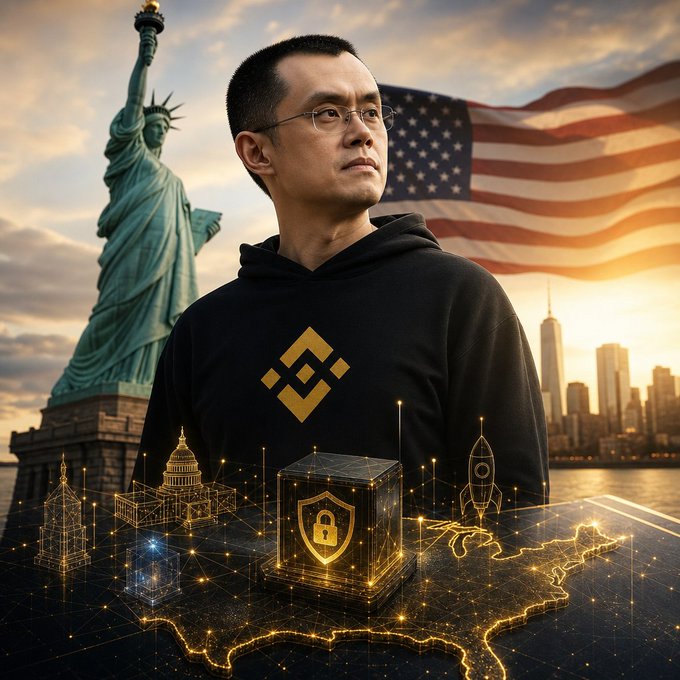 An AI-generated image depicting Changpeng Zhao (CZ) in a black Binance hoodie, with the Statue of Liberty and American flag behind him, and glowing digital security/network graphics of U.S. landmarks at his feet.