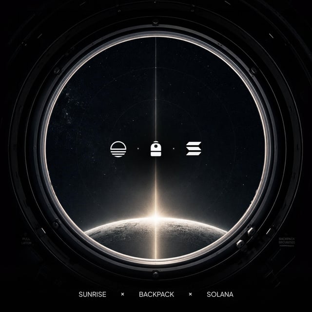 The image features a poster for a music album titled "Sunrise", which includes an illustration of a planet with stars, planets, and the sun. The poster also displays three logos representing different aspects of the album: "Backpack" symbolizing the album's release, "SOLANA" indicating the artist's name, and "Sunrise" signifying the album's title. The background of the image is black, which contrasts with the white text on the poster. The post also mentions that the album was launched on Solana via the Nasdaq following the launch of SpaceX.
