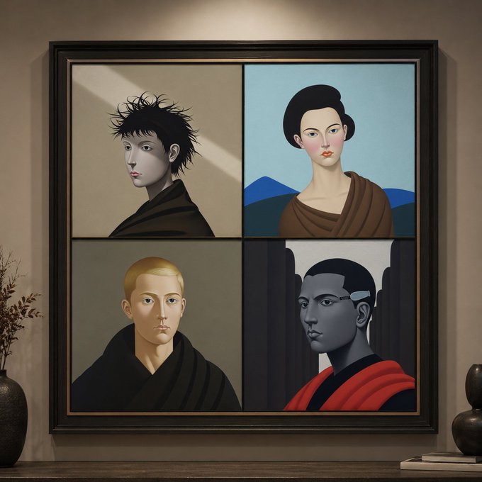 A framed artwork featuring four stylized portraits arranged in a 2x2 grid, depicting various figures with distinct features against different colored backgrounds.