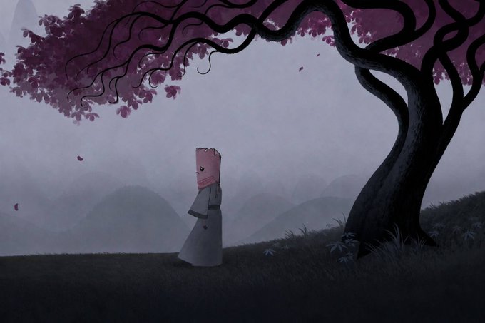 An illustrated scene of a figure with a paper bag over their head standing under a tree with purple leaves in a misty landscape.