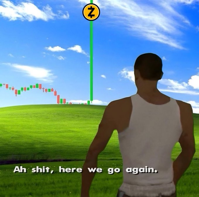 The iconic "Ah shit, here we go again" meme of CJ from GTA: San Antonio is shown looking out at a Zcash (ZEC) candlestick chart depicting a steep price drop, with a green line and a ZEC coin logo at the top symbolizing a potential bounce or recovery. The image humorously relates to the post's "gm $ZEC dip buyers" message, capturing the resigned feeling of crypto investors bracing for another volatile dip in the market.