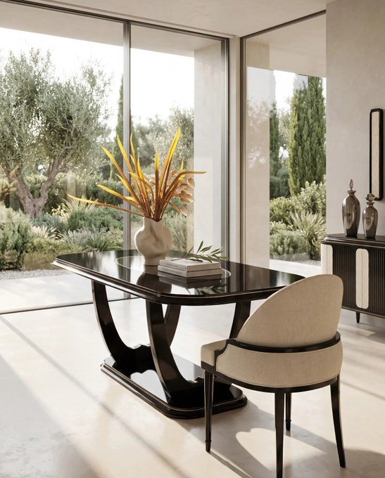 An elegant interior scene features a glossy black modern dining table with sculptural curved legs, a cream upholstered chair, and a vase with orange bird-of-paradise flowers, set against floor-to-ceiling windows overlooking a green garden.