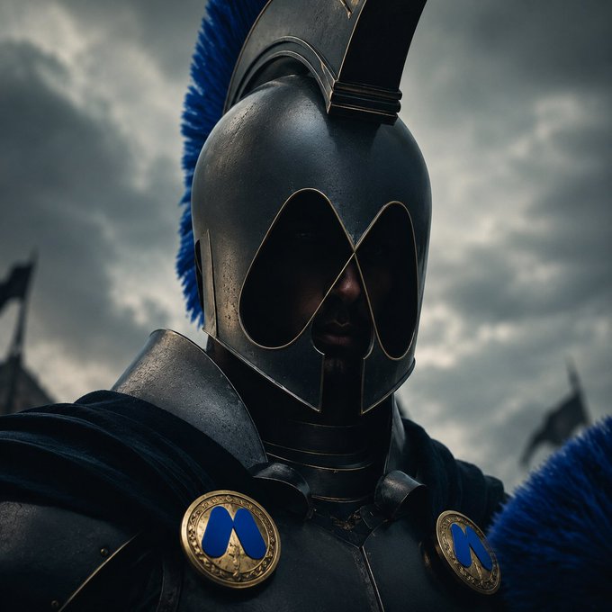 A dark-armored warrior wearing a black helmet with striking blue plumes and chest plates branded with the blue "M" MEXC logo stands ready under stormy skies, embodying the brand's call for traders to rally and set sail into battle.