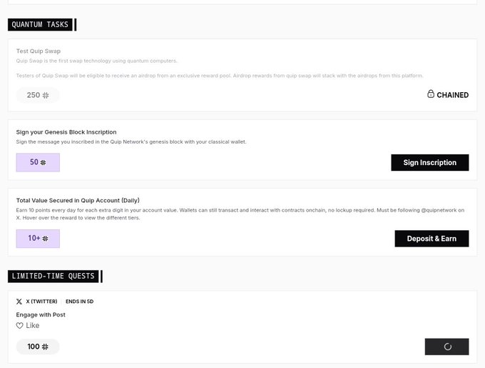 A screenshot of a cryptocurrency rewards platform showing 'Quantum Tasks' including 'Test Quip Swap' (250 points), 'Sign your Genesis Block Inscription' (50 points), and 'Total Value Secured in Quip Account' (10+ points), plus a 'Limited-Time Quests' section featuring a Twitter task for 'Engage with Post' (100 points).