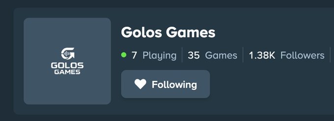 A profile card for "Golos Games" showing a logo, 7 Playing, 35 Games, 1.38K Followers, and a "Following" button on a dark background.