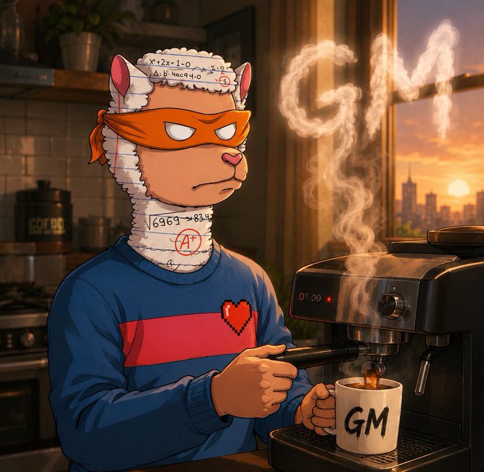 An illustration shows a llama wearing an orange mask and a sweater with a heart, making espresso from a machine into a 'GM' mug, while smoke forms the letters 'GM' in the air against a sunset city backdrop.