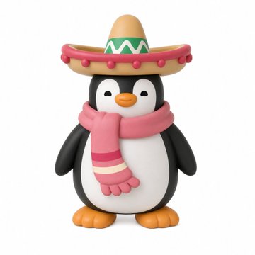 A 3D-rendered cartoon penguin wearing a yellow sombrero with green and white trim, plus a pink scarf and matching striped scarf detail.