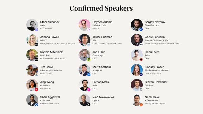 The image shows a list of confirmed speakers for an event, with each speaker's name displayed along with their title or description. The speakers include individuals such as Stani Kulechov, Hayden Adams, Joe Lubin, Tim Beiko, Steven Goldfeder, Alex Gluchowski, and Tomasz Stanczak. The post also mentions that the event is taking place in NYC on June 8-10.