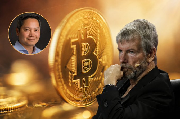 A composite image showing a Bitcoin coin, a contemplative man with a microphone, and an inset portrait of another man, likely referencing a cryptocurrency-related discussion.