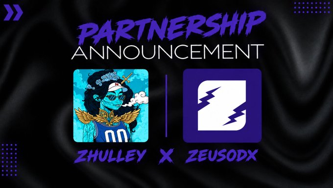 A partnership announcement graphic in purple and black featuring 'ZHULLEY x ZEUSODX' with two character logos, one depicting an angelic figure with sunglasses and a basketball jersey.