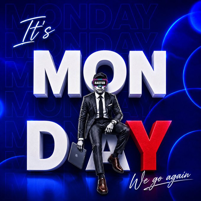iced coffee with a latte art design, "It's Monday" and "We go again" written above it on a blue background.