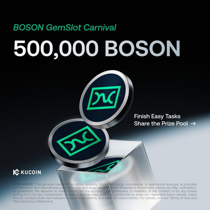 The image features a poster advertising 500,000 Boson as a new cryptocurrency. The poster includes two coins with green and black logos, one of which has a "B" symbol on it. The text on the poster states that Boson is launching this Monday for easy tasks, and there's an offer to share the prize pool if they complete their tasks.