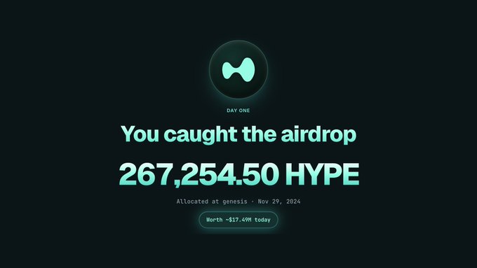 The image displays a "Day One" airdrop confirmation graphic for Hyperliquid (HYPE) showing an allocation of 267,254.50 tokens at genesis (Nov 29, 2024) worth ~$17.49M today. Paired with "A story in two • Who else is a Hyperliquid OG?", it celebrates the user's status as an early Hyperliquid participant who qualified for a substantial HYPE token airdrop.