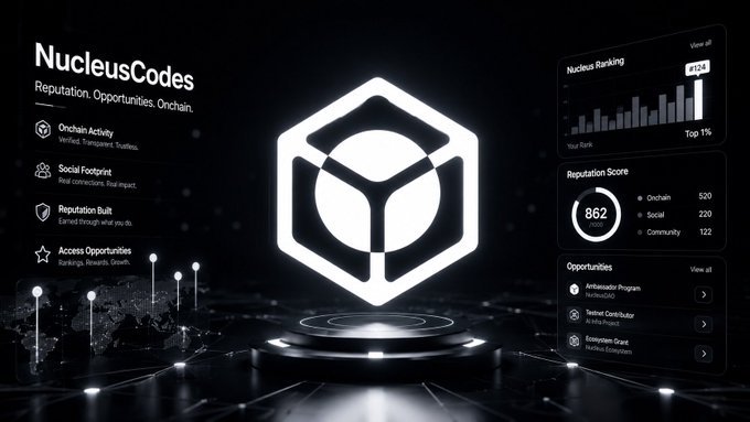A futuristic dashboard interface for 'NucleusCodes' featuring a hexagonal 3D logo, a 'Reputation Score' of 862 with 520 Onchain activity, a 'Nucleus Ranking' at #124 in the Top 1%, and opportunities like 'Ambassador Program'.