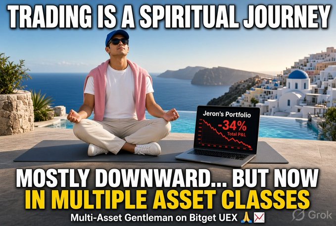A meme depicting a man meditating by an infinity pool with the text 'TRADING IS A SPIRITUAL JOURNEY MOSTLY DOWNWARD... BUT NOW IN MULTIPLE ASSET CLASSES' and a laptop showing 'Jeron's Portfolio -34% Total P&L'.