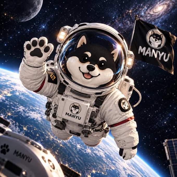 A digital artwork of a cartoon husky dog mascot wearing a space suit, floating in space above Earth with a flag displaying 'MANYU' branding.